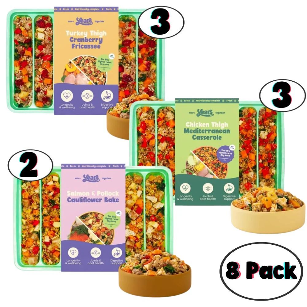 8x Years Adult Variety Pack | Fresh Adult Dog Food 280g - 1.15KG|  Chicken Thigh Mediterranean Casserole  & Turkey Thigh Cranberry Fricassee & Salmon & Pollock Cauliflower   | Pack of 8 |  Hypoallergenic | Natural Wholefoods Grain Free