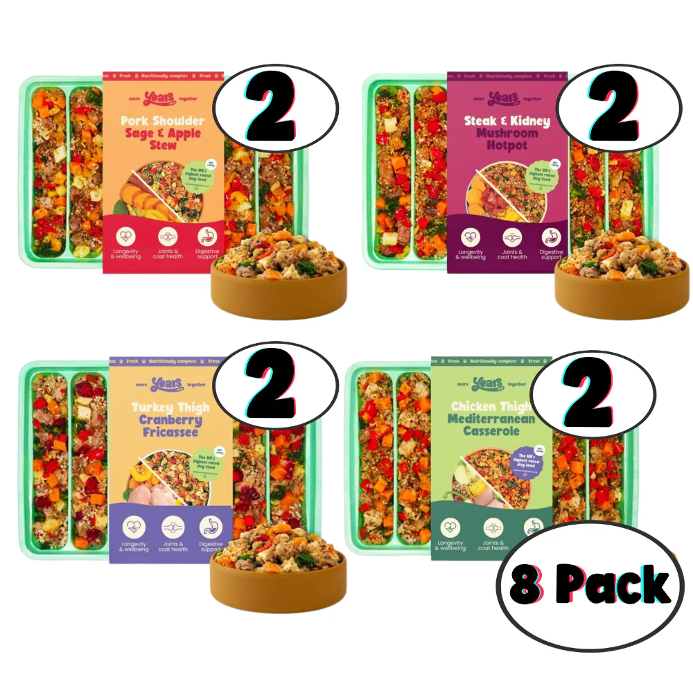 8x Years Variety Pack | Fresh Adult Dog Food 280g - 1.15KG|  Pork Shoulder Sage & Apple Stew, Steak & Kidney Mushroom Hotpot, Chicken Thigh Casserole Adult Dog Food & Turkey Thigh Cranberry Fricassee | Pack of 8 | Natural Wholefoods Grain Free