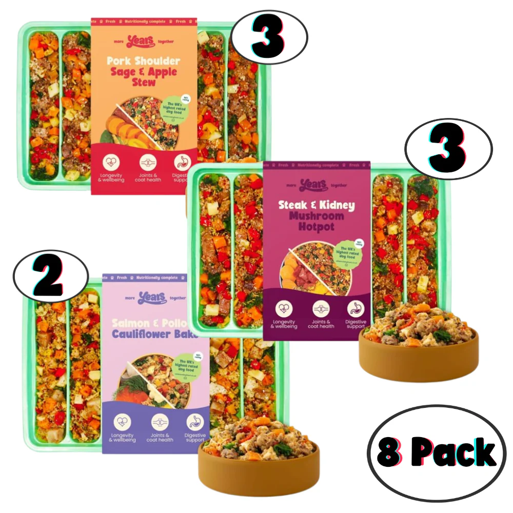 8x Years Adult Variety Pack | Fresh Adult Dog Food 280g - 1.15KG|  Pork Shoulder Sage & Apple Stew  & Steak & Kidney Mushroom Hotpot  & Salmon & Pollock Cauliflower   | Pack of 8 |  Hypoallergenic | Natural Wholefoods Grain Free