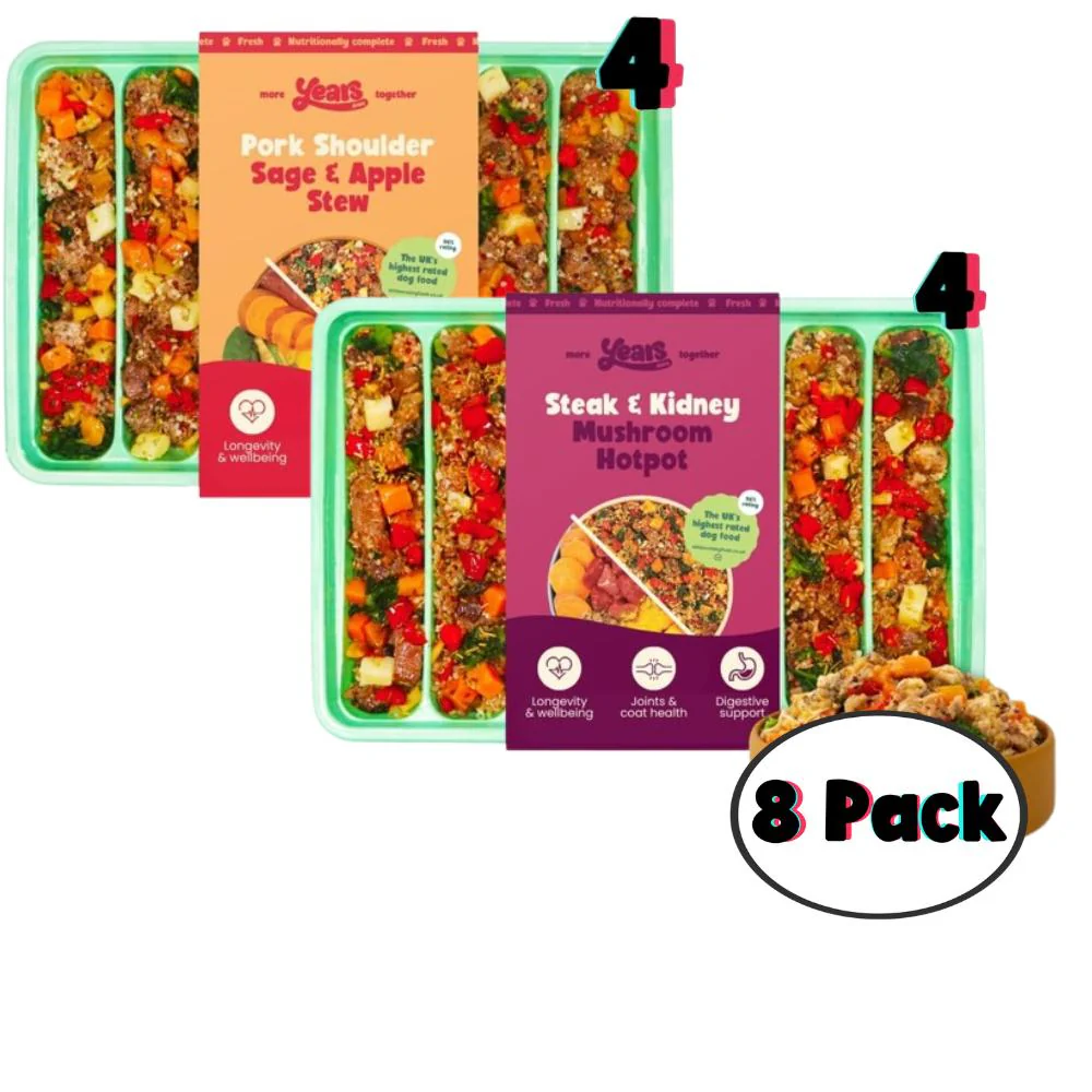 8x Years Adult Variety Pack | Fresh Adult Dog Food 280g - 1.15KG|  Steak & Kidney Mushroom Hotpot  & Pork Shoulder Sage & Apple Stew  | Pack of 8 |  Hypoallergenic | Natural Wholefoods Grain Free