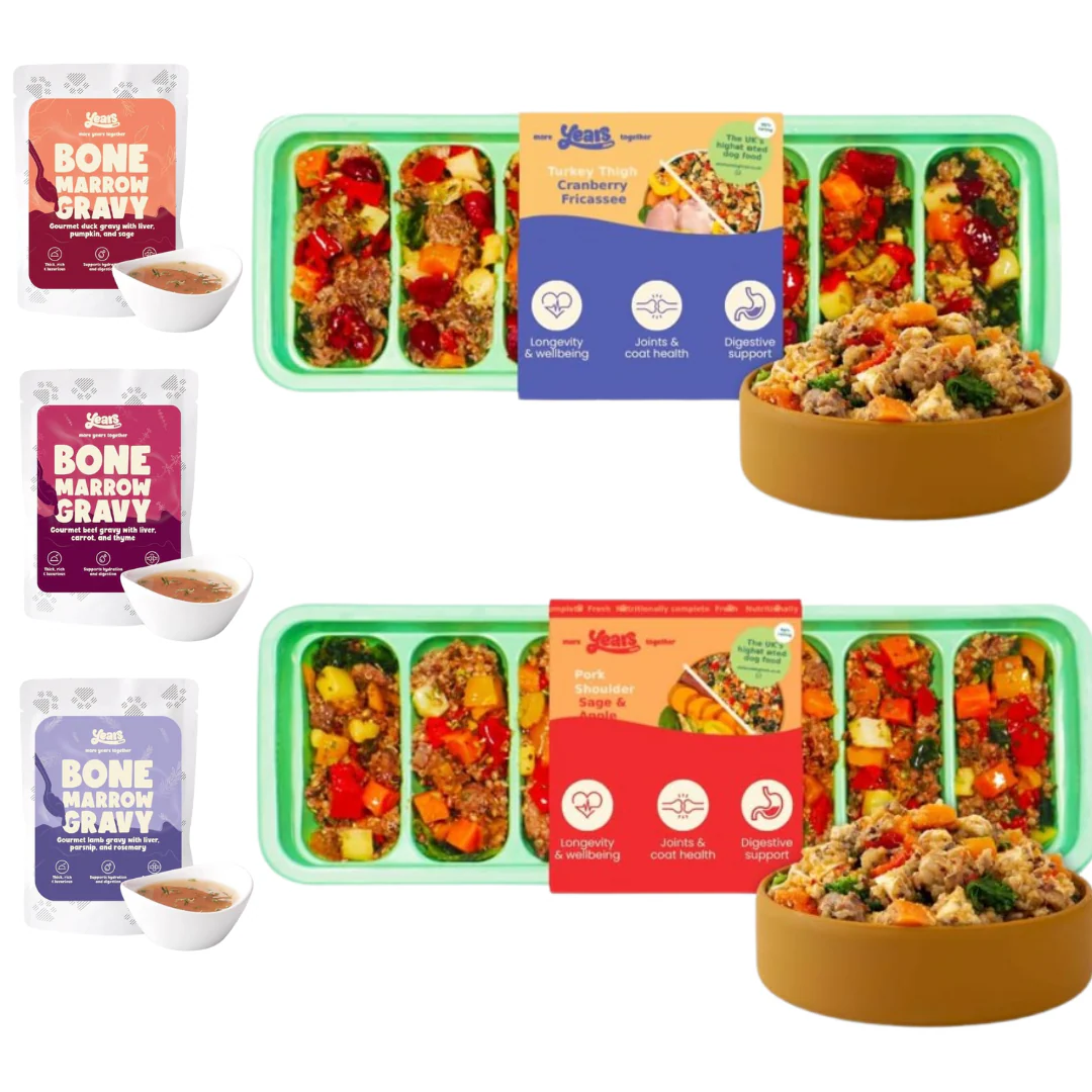 Years Starter Pack   | 2x Years Adult Dog Food &+ Trio of Gravies | Turkey Thigh Cranberry & Pork Shoulder Sage & Apple Stew Fresh Adult